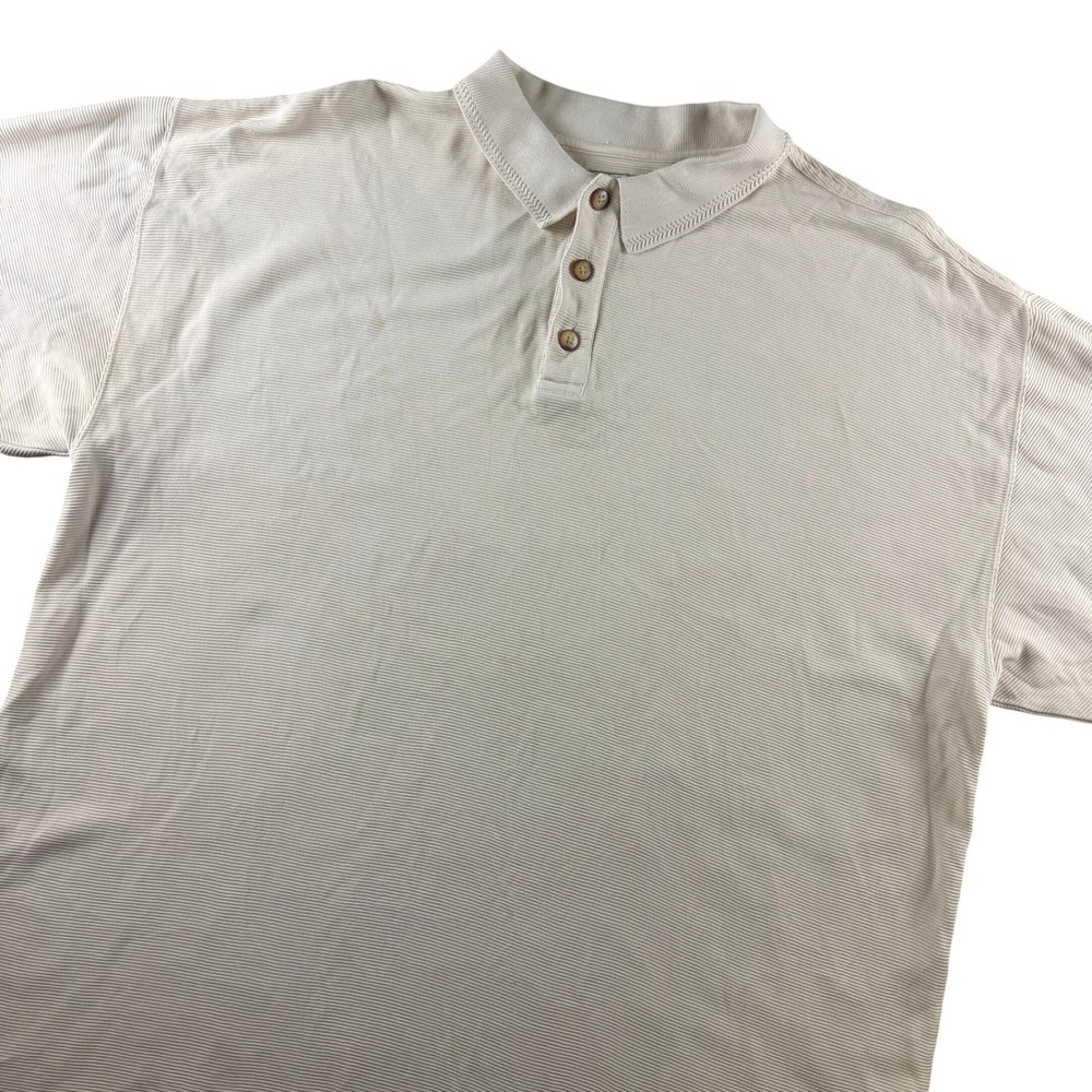 Tommy Bahama Mens XL Silk Cotton Blend Polo Shirt Beige Ribbed Short Sleeve